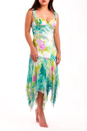 Diane Freis Satin Silk in Subtle Green Floral dress