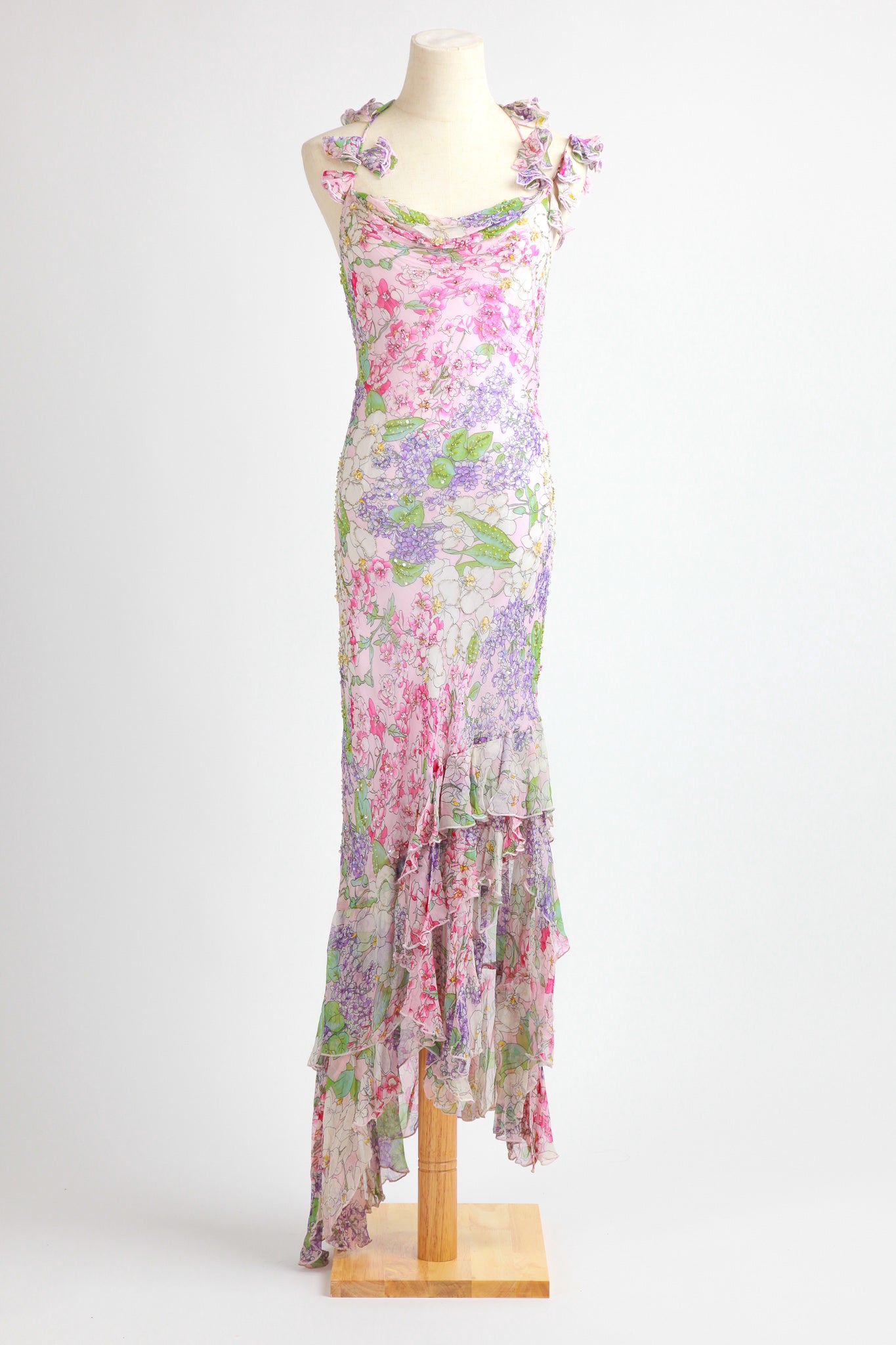 Diane Freis - Floral pink purple chiffon  silk hand beaded  Diane Freis Maxi Dress