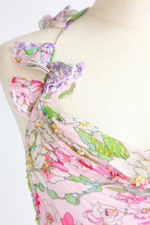 Diane Freis - Floral pink purple chiffon  silk hand beaded  Diane Freis Maxi Dress