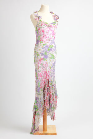 Diane Freis - Floral pink purple chiffon  silk hand beaded  Diane Freis Maxi Dress